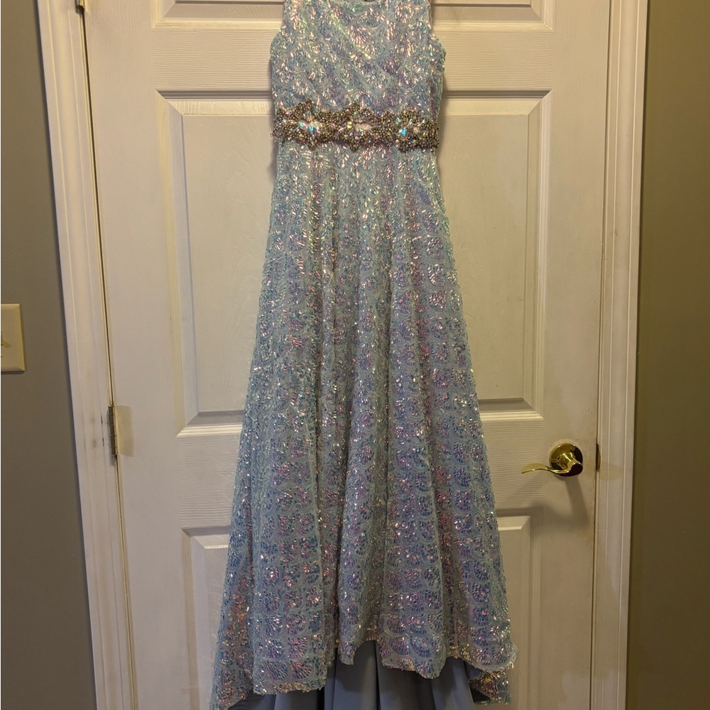 Iridescent Light Blue Sequin Girls' Formal Dress with Jeweled Waist